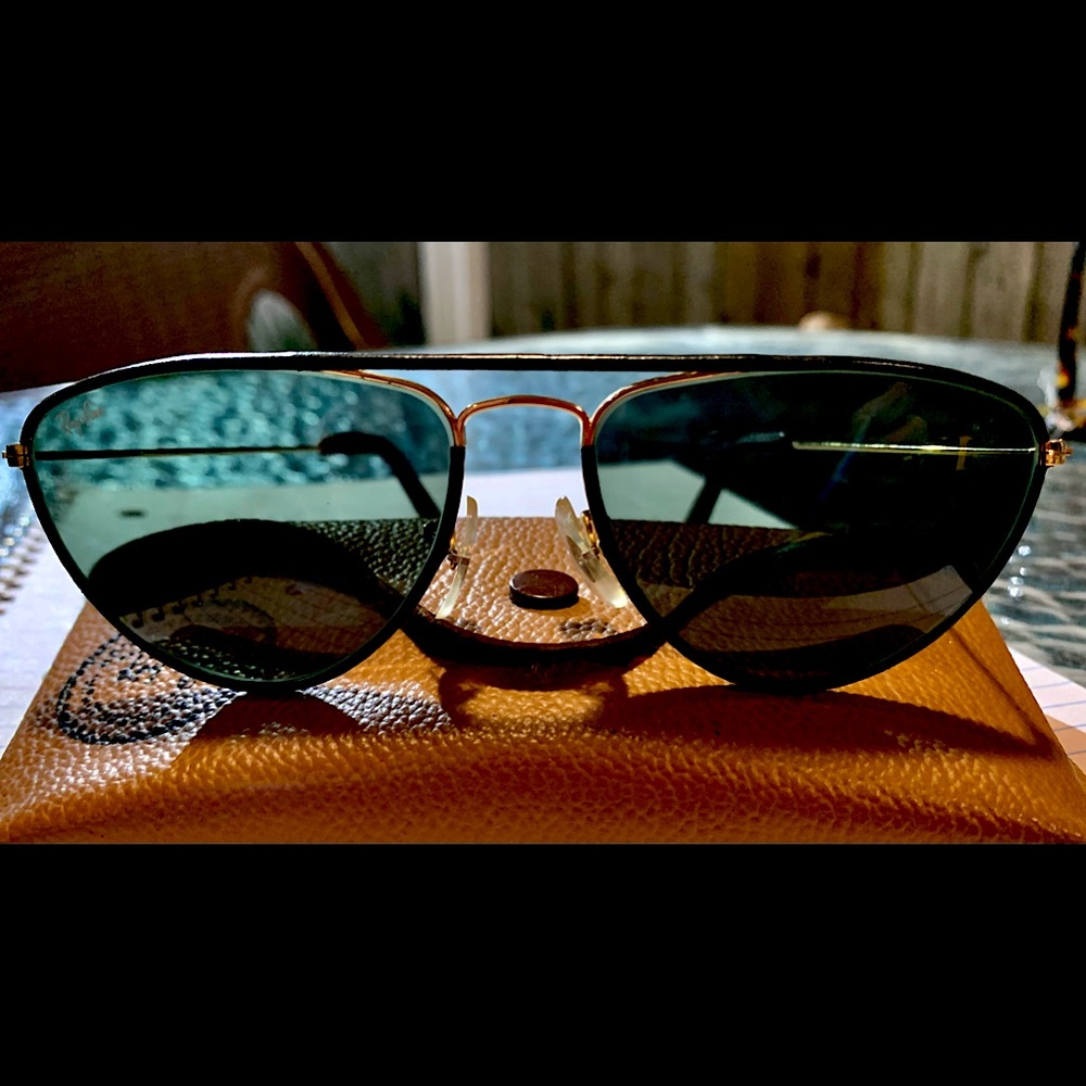 Vintage B & L Ray-Ban 59-16 black leather trim sunglasses (Rare) with case.